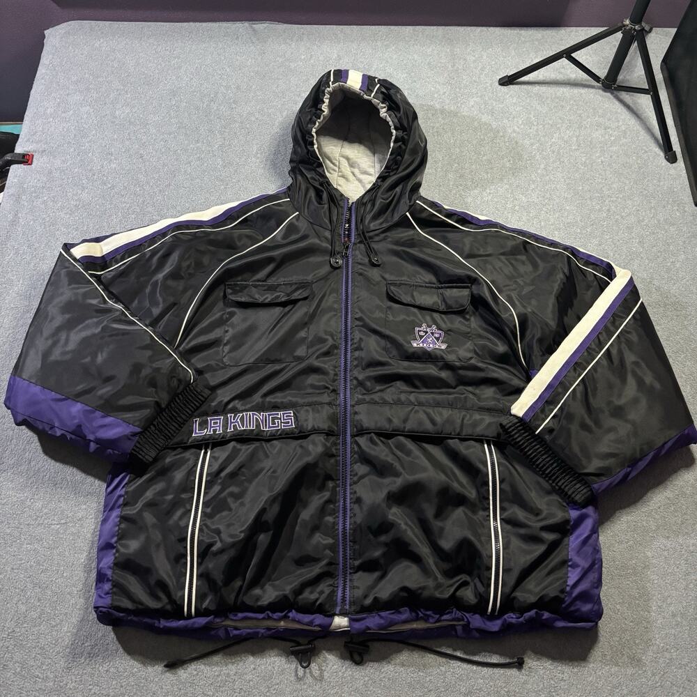 Vtg 90s LA Kings NHL Pro Player Puffer Jacket Men XXL Black Purple Embroidered